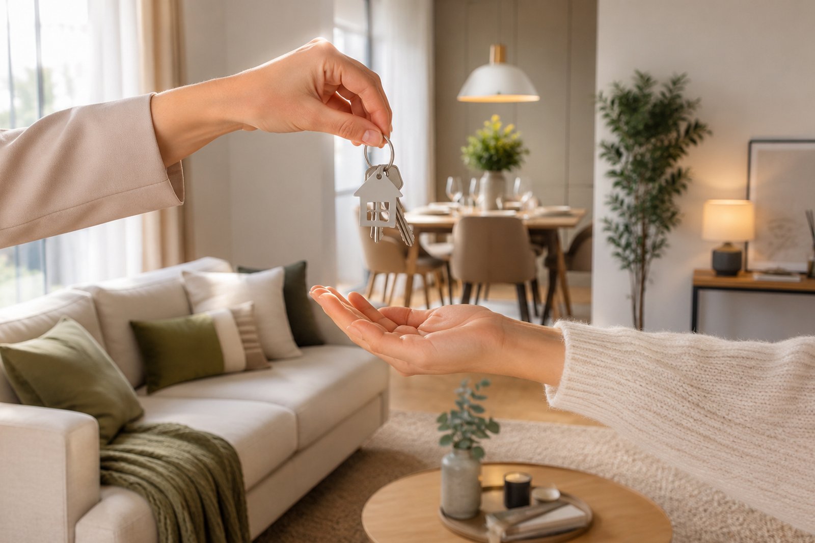 Cucina e zona pranzo moderna e minimalista con pareti bianche e azzurre, pavimento in legno chiaro e arredi dalle linee pulite; tavolo bianco con sedie grigie e gambe in legno, cucina con mobili bianchi e piano in legno, decorazioni con piante verdi e accessori naturali, ambiente luminoso.
